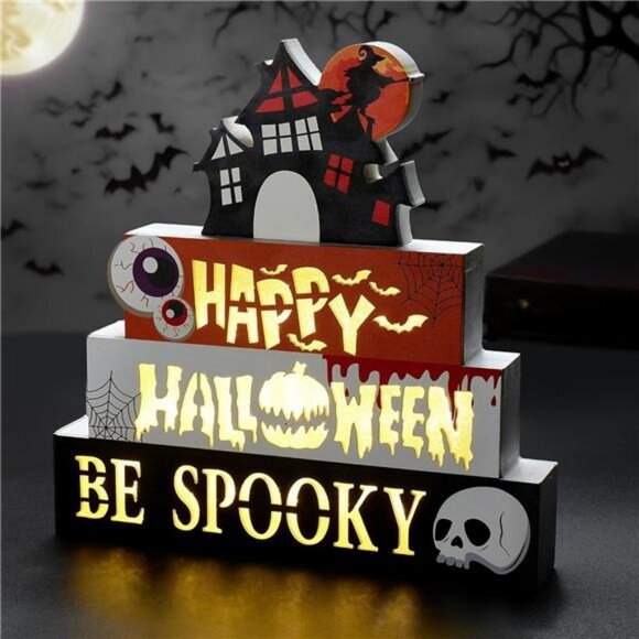 Halloween Decorations Indoor 9.4" 4-Tier Wooden Block Set with Glowing 3D - Picture 1 of 8